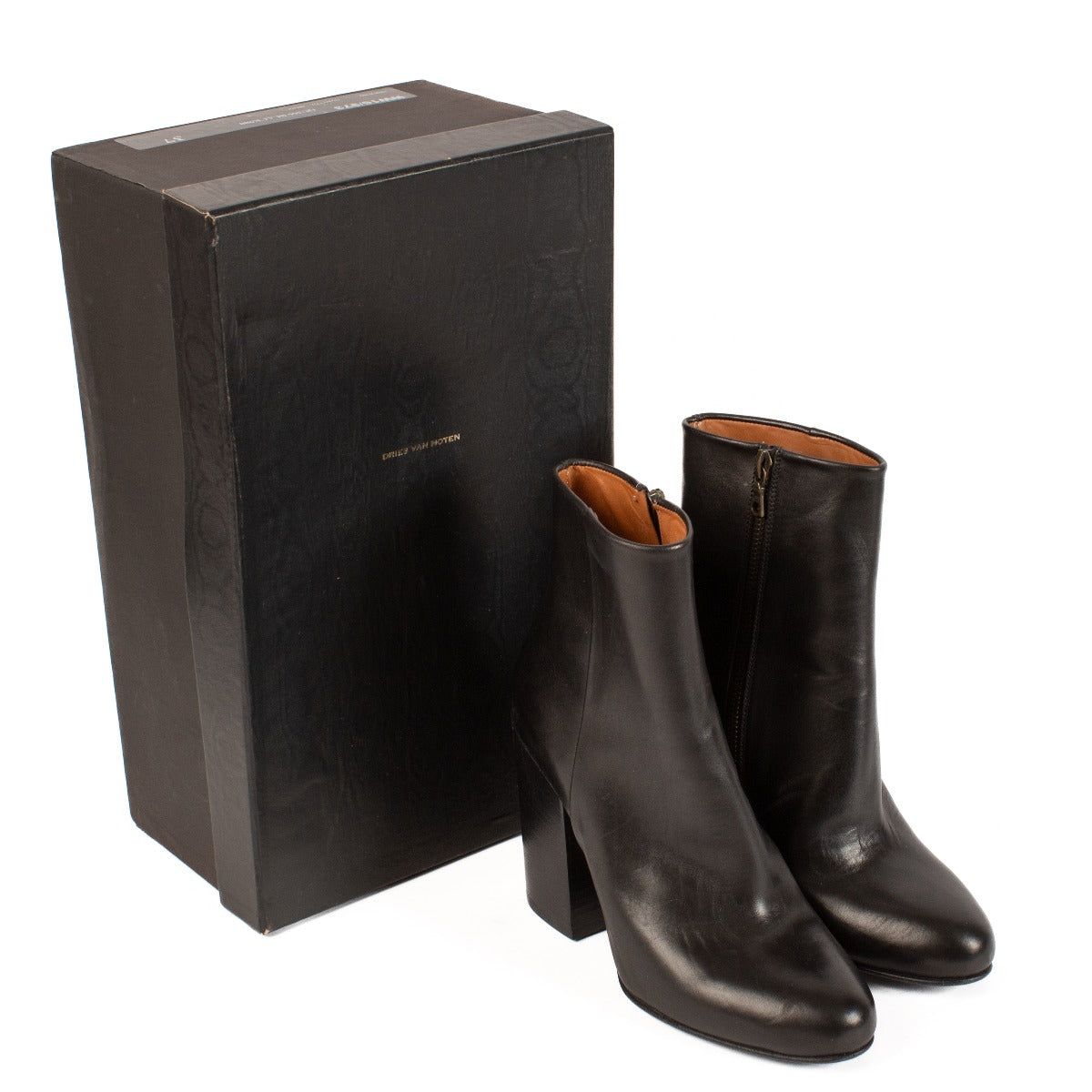 Dries Van Noten Black Leather Block Heel Ankle Boots
