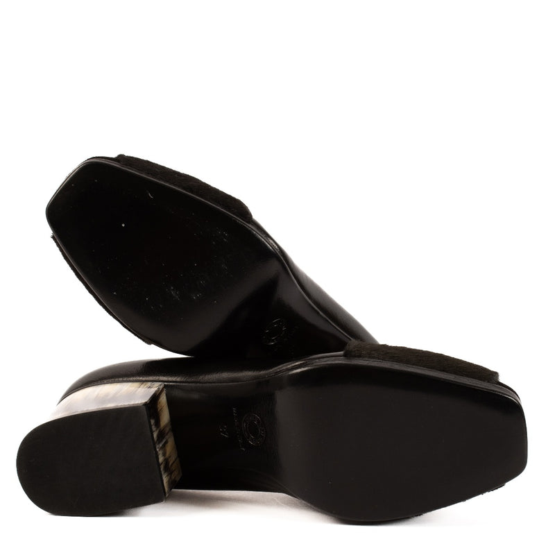 Dries Van Noten Black Leather Calf Hair Trim Block Heel Pumps - Size 37