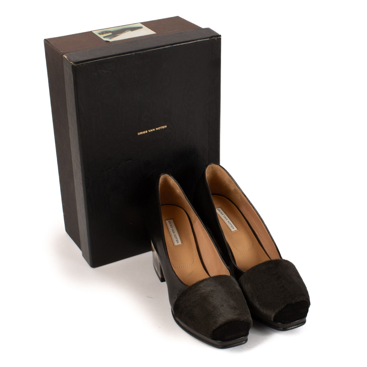 Dries Van Noten Black Leather Calf Hair Trim Block Heel Pumps