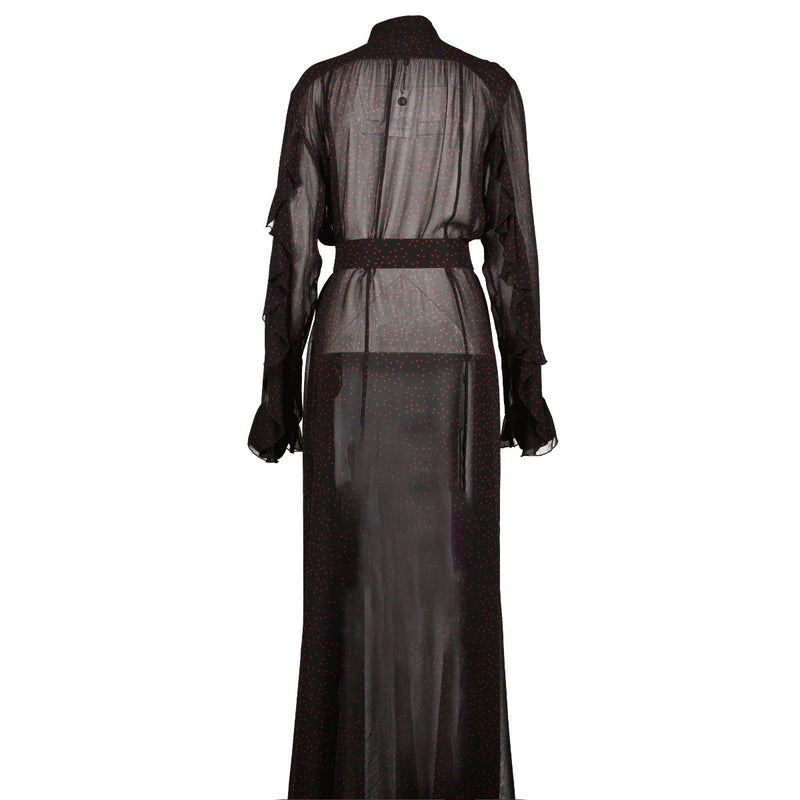 Dries Van Noten Red Star Black Sheer Ruffle Shirt Dress