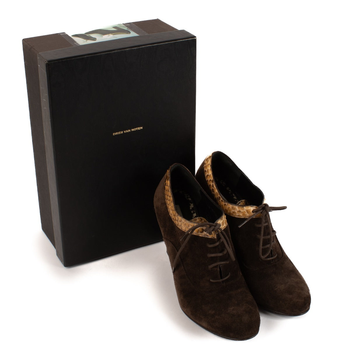 Bottines à lacets Dries Van Noten en daim marron et garniture python - Taille 37