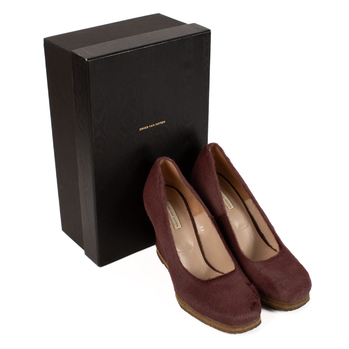 Shop safe online at Labellov in Antwerp, Brussels and Knokke these 100% authentic second hand Dries Van Noten Purple Ponyhair Wedge Heels - size 37
