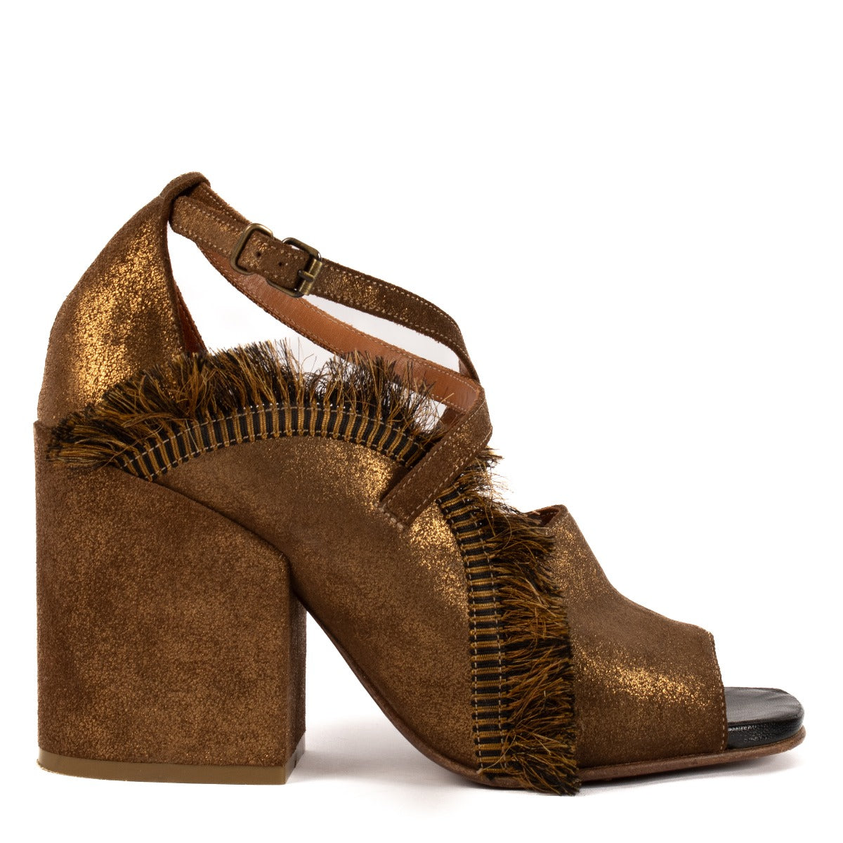 Dries Van Noten AW 2015 Bronzen Brokaat Franje Blokhak Sandalen - Maat 37