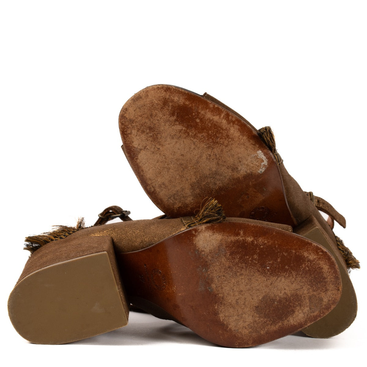 Dries Van Noten AW 2015 Bronzen Brokaat Franje Blokhak Sandalen - Maat 37