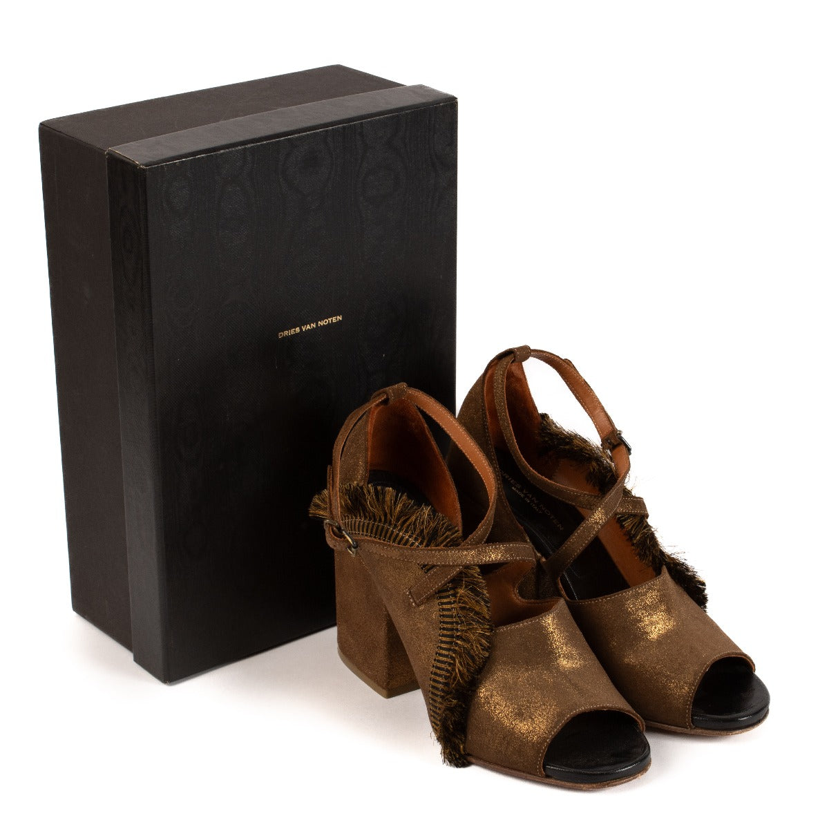 Dries Van Noten AW 2015 Bronzen Brokaat Franje Blokhak Sandalen - Maat 37