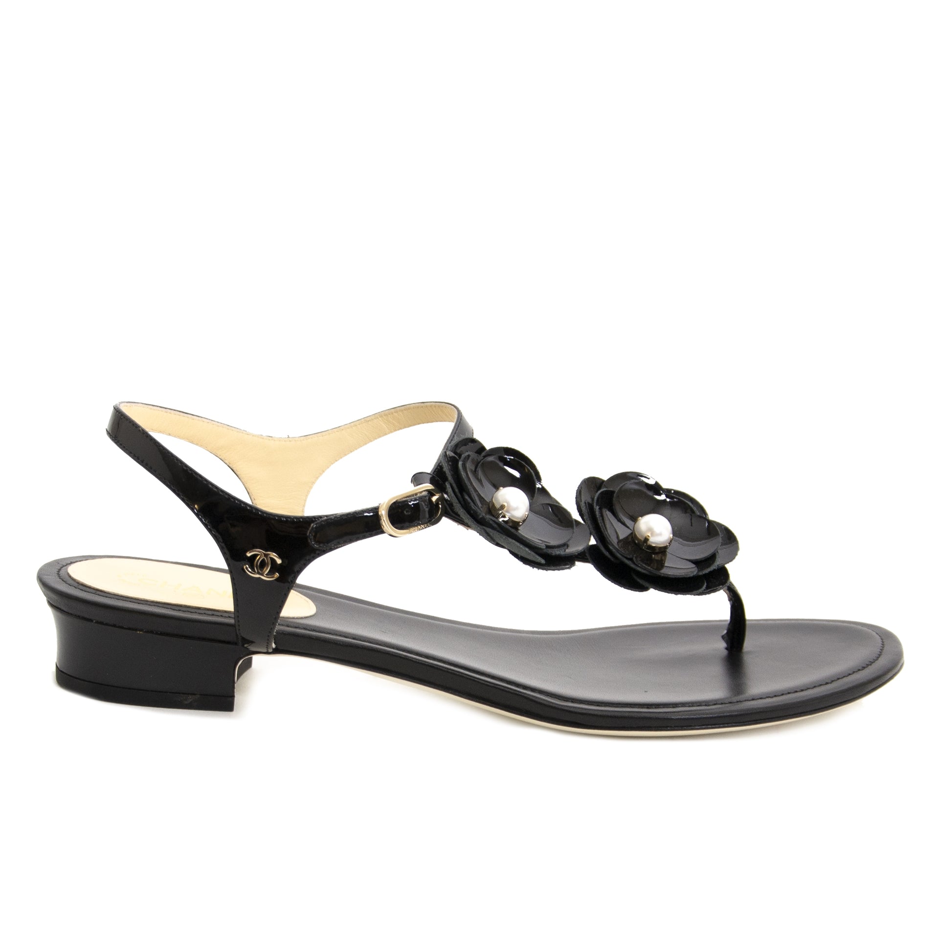 Chanel T-Bar Black Camila Flower Sandals - Size 41