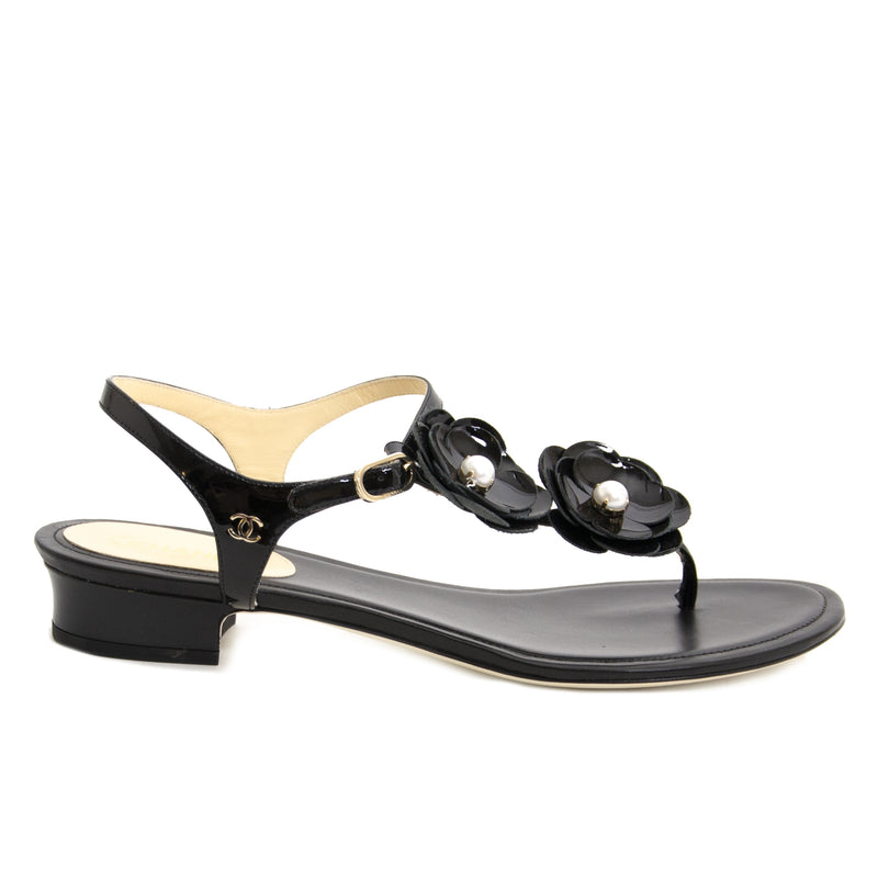 Chanel T-Bar Black Camila Flower Sandals - Size 41