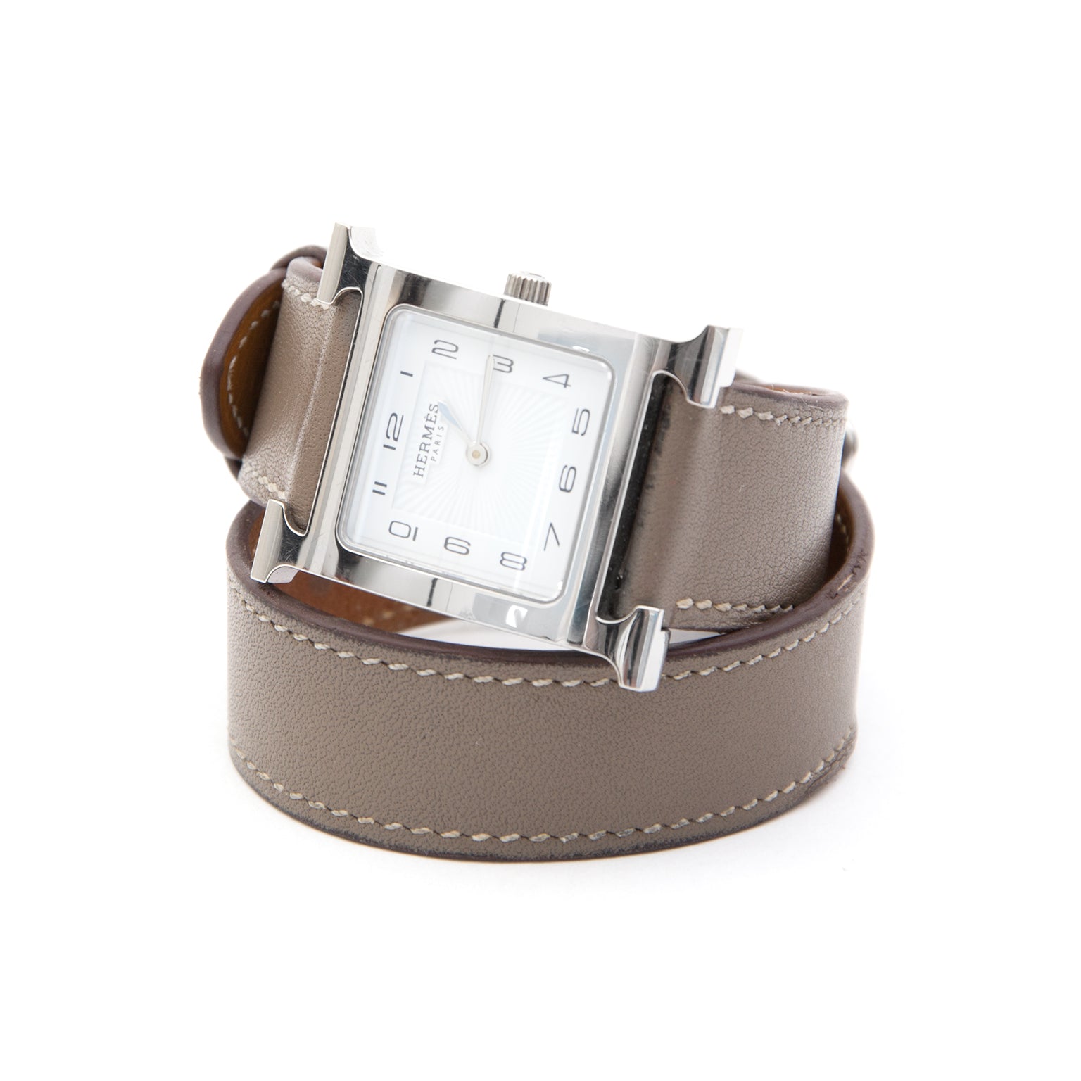 koop veilig online tweedehands Hermès Heure 'H' Double Tour Taupe Horloge