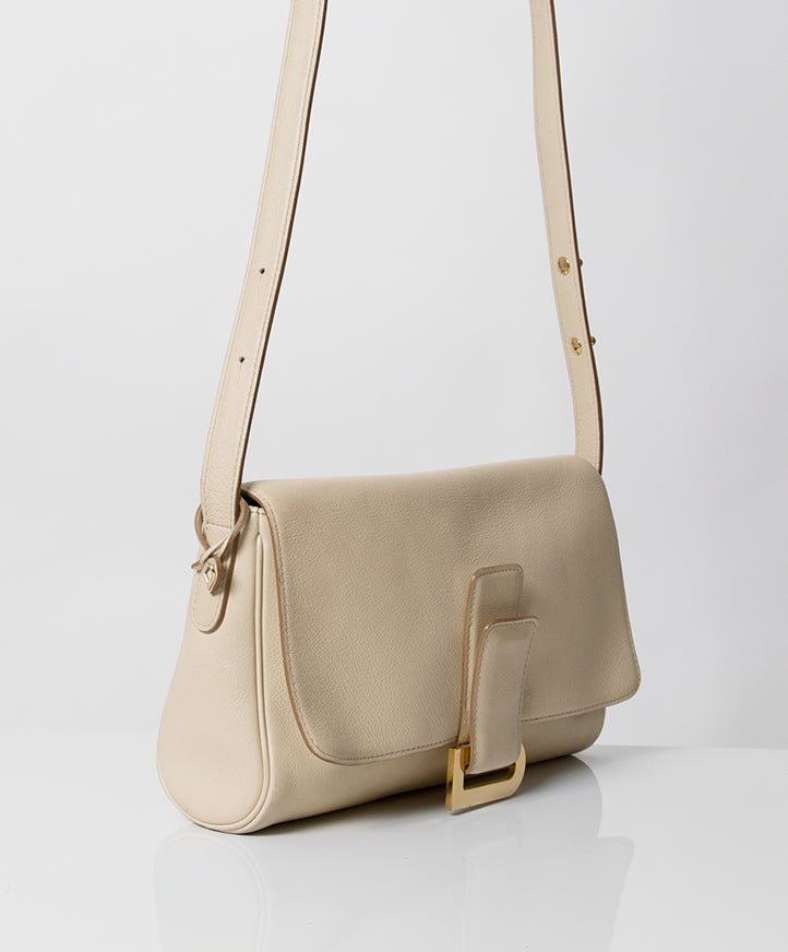 authentieke tweedehands bruine Delvaux wit leren shoudertas goud juiste prijs labellov vintage webshop veilig online winkelen designer luxe merken mode Antwerpen België