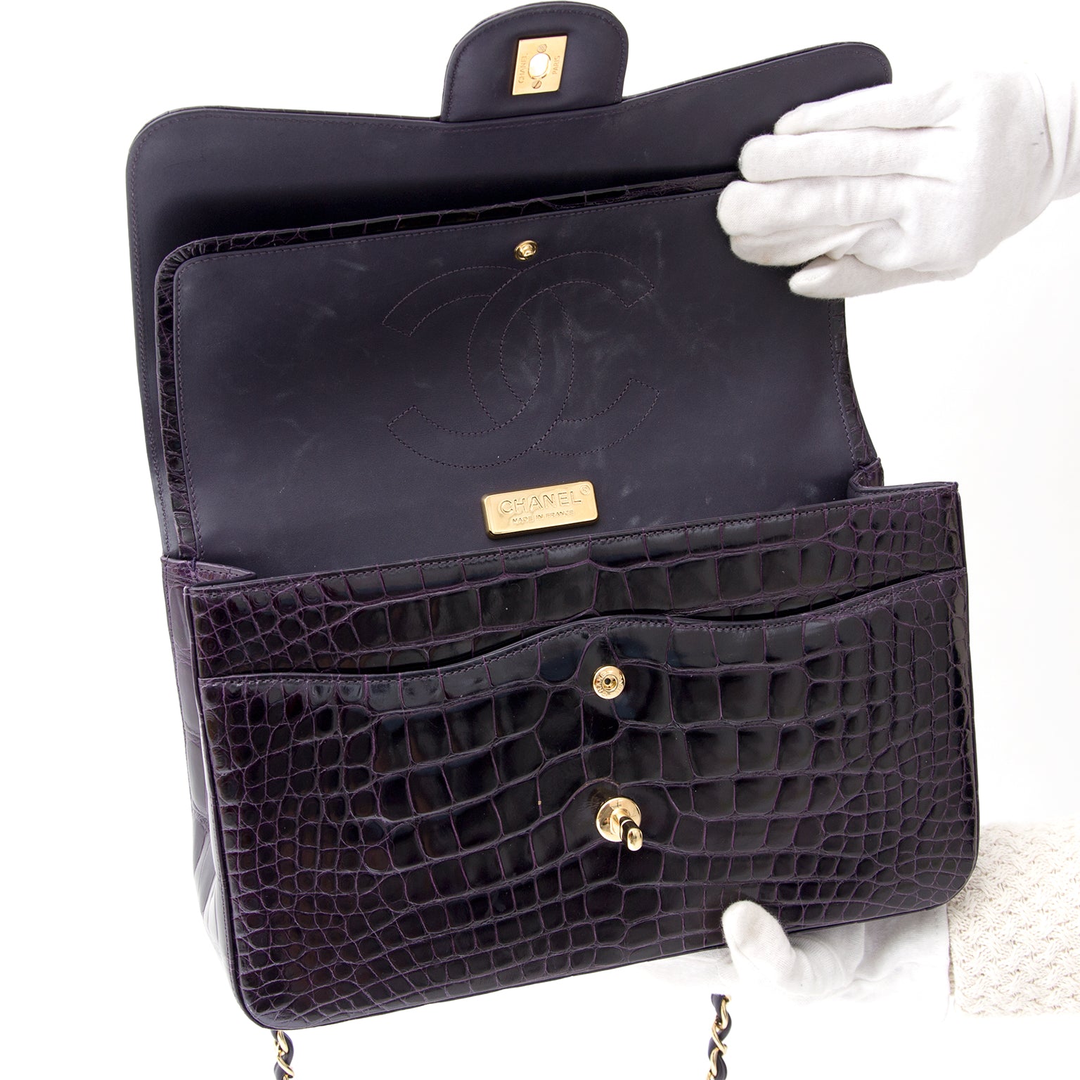 shop safe online brand new 100% authentic Rare Chanel Aubergine Alligator Jumbo Double Flap Bag worldwide shipping boutqiue Antwerp
