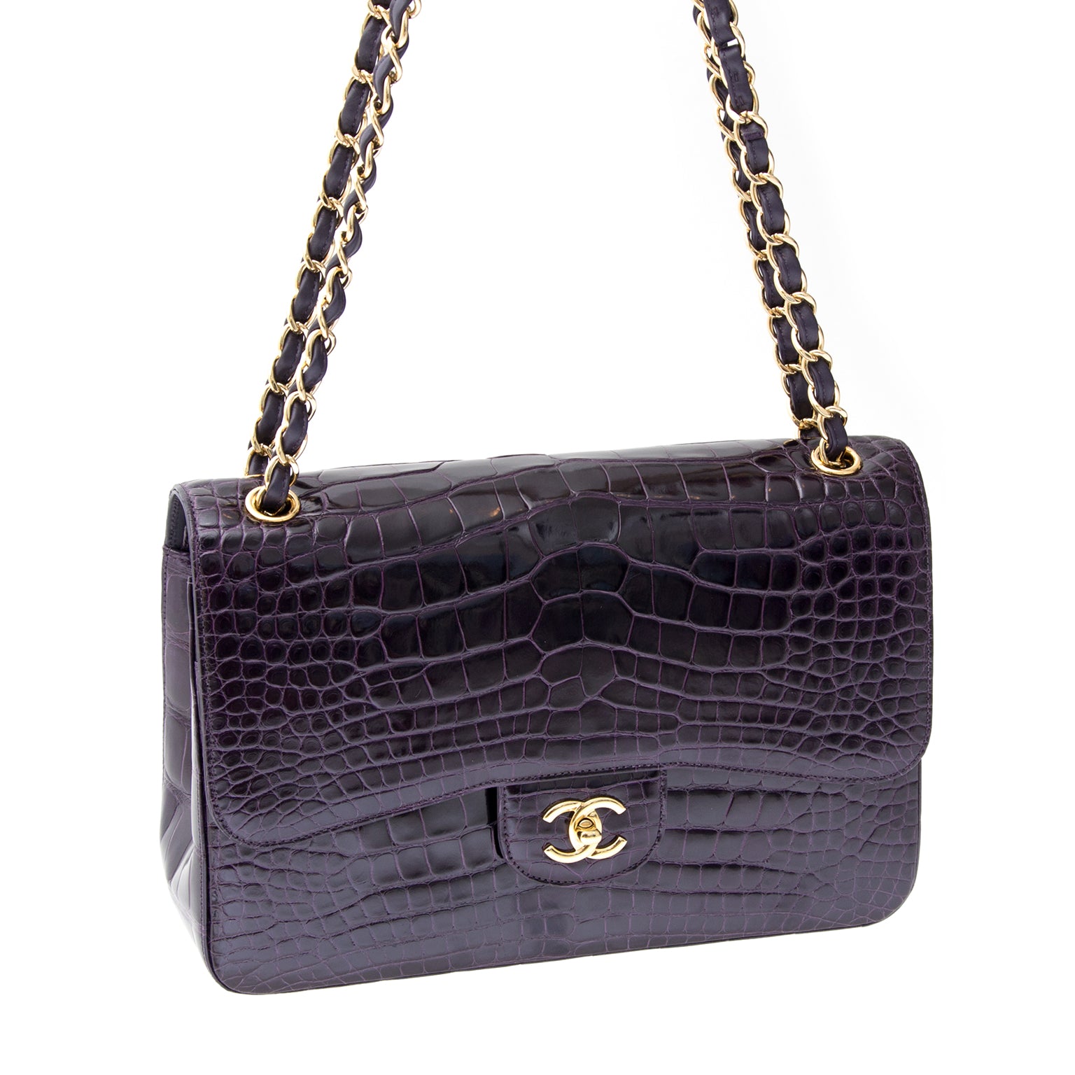 shop safe online brand new 100% authentic Rare Chanel Aubergine Alligator Jumbo Double Flap Bag worldwide shipping boutqiue Antwerp
