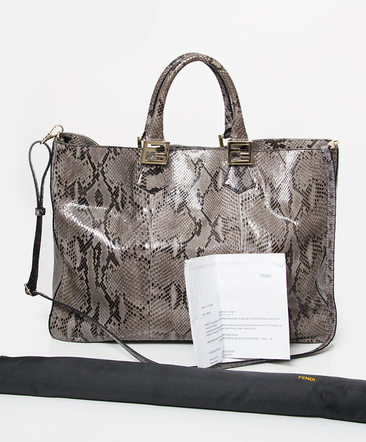 buy safe online Fendi Grey Python Twins Tote at the best price second hand designer bags online worldwide shipping