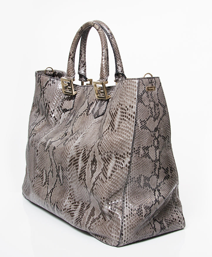 koop tweedehands designer vintage authentieke handtas Fendi Grey Python Twins Tote