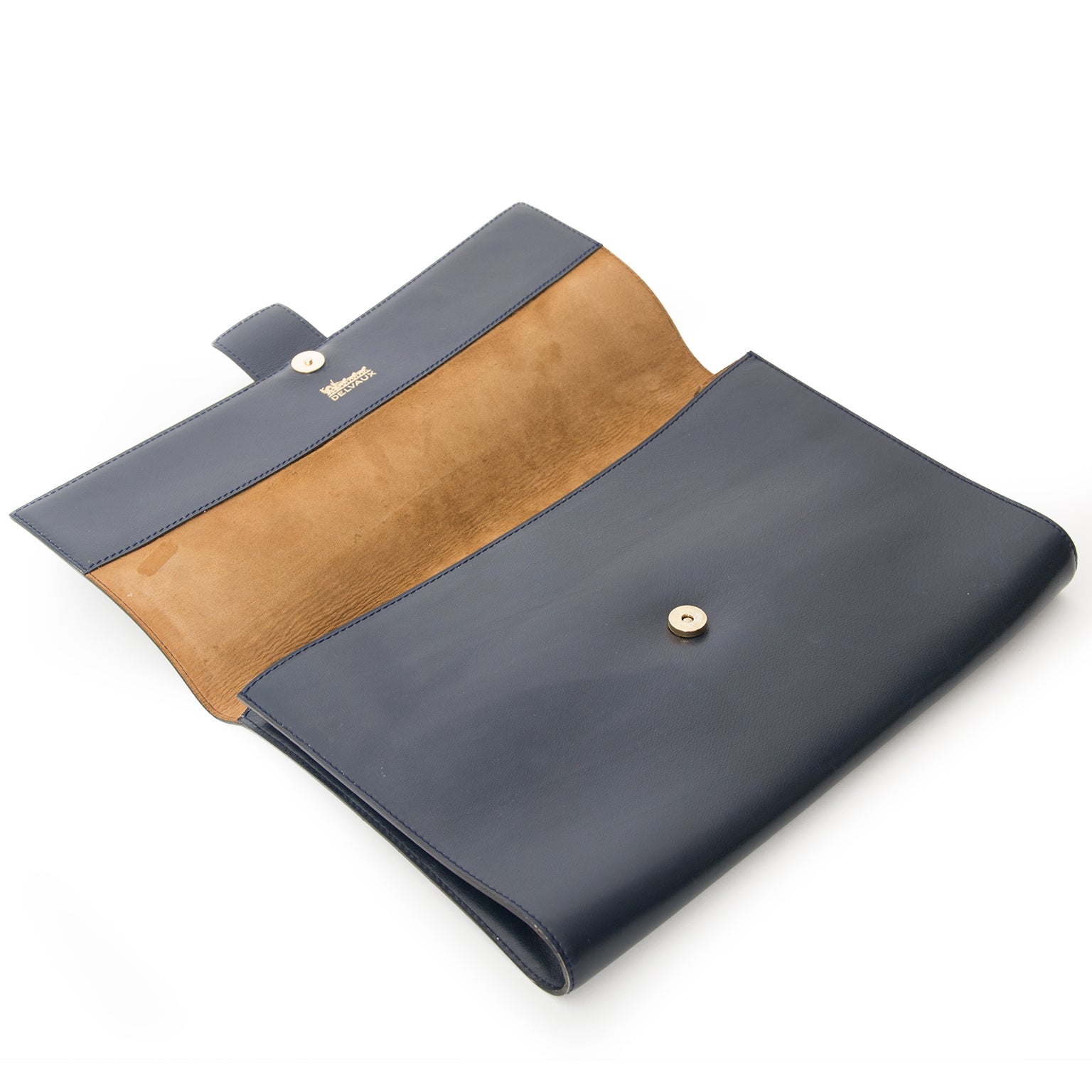 Delvaux Dark Blue Clutch With Golden Clasp newa nd preowned edlvaux deisgner bags sell buy resell online