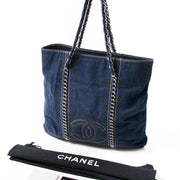 Chanel Blue Denim & Chain Tote shop safe online secondhand designer vintage chanel for the best price