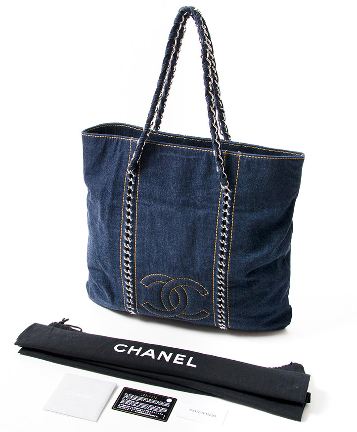 Chanel Blue Denim & Chain Tote shop safe online secondhand designer vintage chanel for the best price