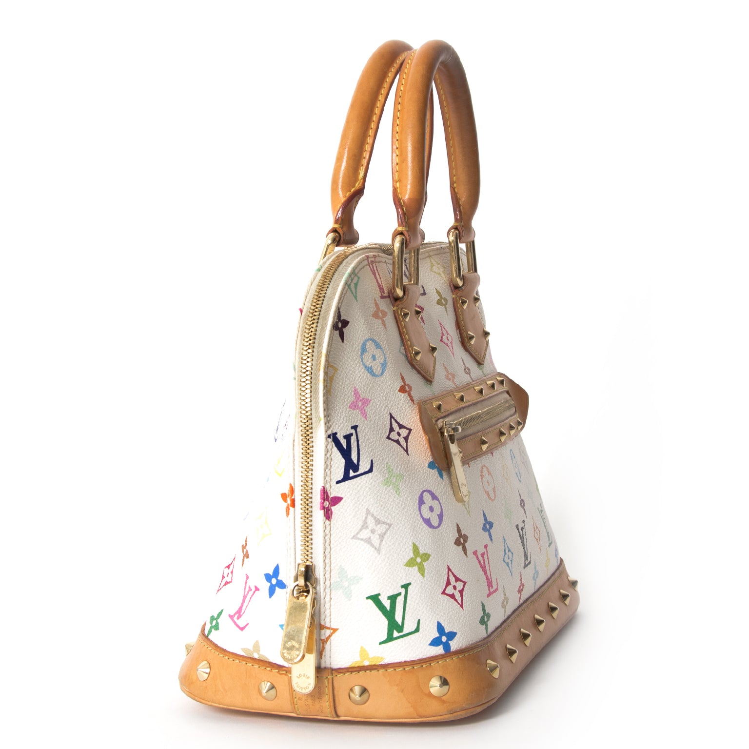 Louis Vuitton Murakami Multicolore Monogram White Alma In good preowned condition. Louis Vuitton's canvas is known for its durability: the white canvas looks untouched by time. The tan leather handles and bottom show discolorations from wear and tear. I