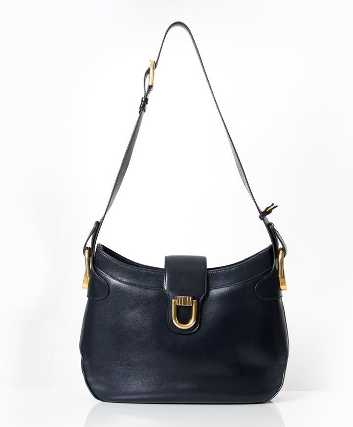 koop veilig tweedehands Delvaux donker blauwe schoudertas aan de beste prijs