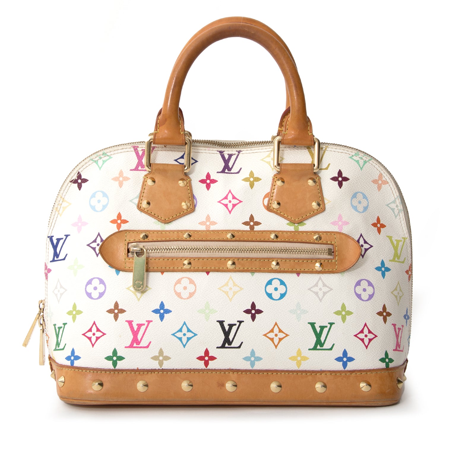 Enjoy the colorful monogram print on this special series Louis Vuitton Alma satchel created by Japanese artist Takashi Murakami. After 12 years of being an IT-bag of many celebrities, the Murakami Multicolore line was discontinued by Louis Vuitton last su