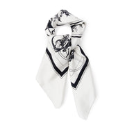 Hermès scarf, the famous silk Carré, in off-white with black carriage print.