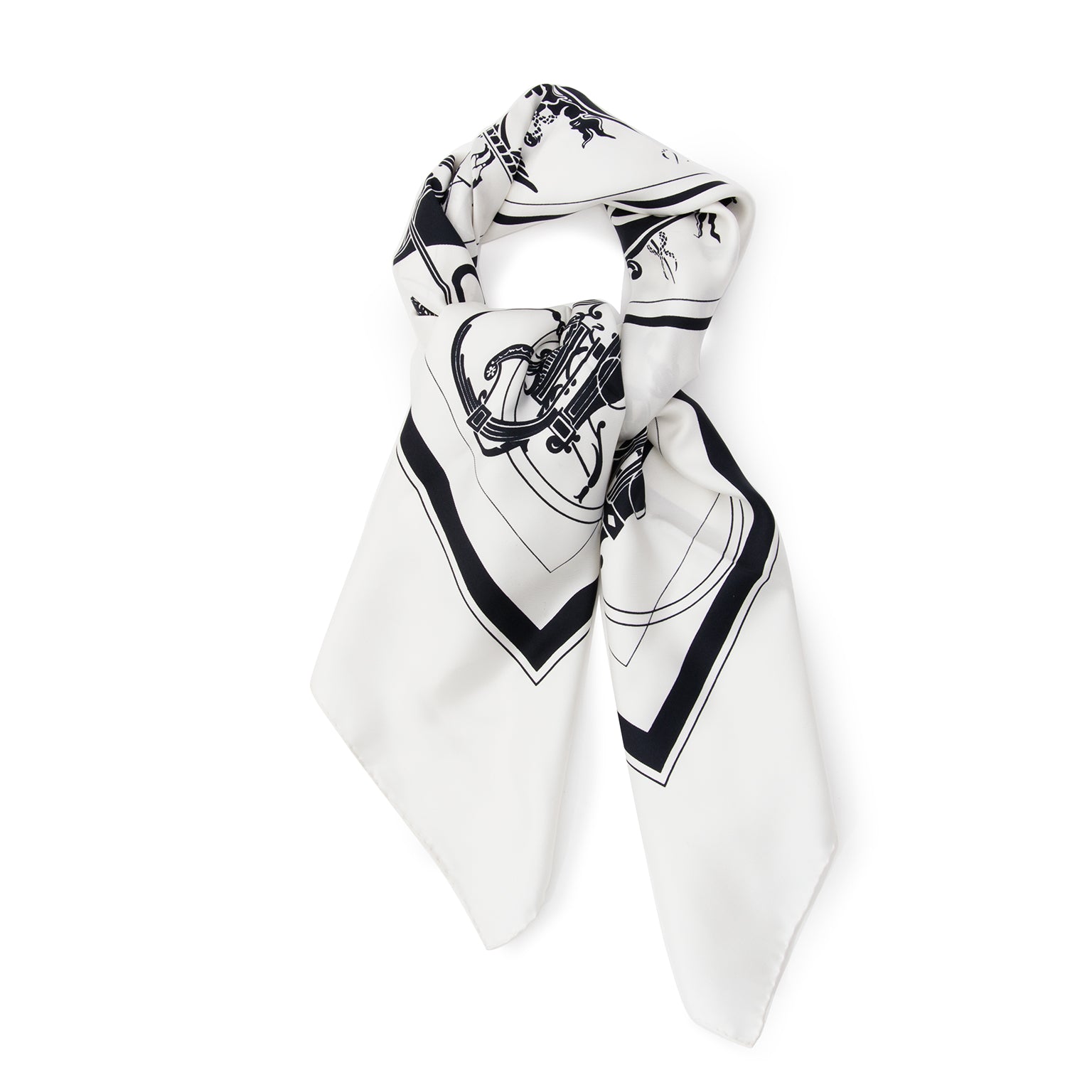 Hermès scarf, the famous silk Carré, in off-white with black carriage print.