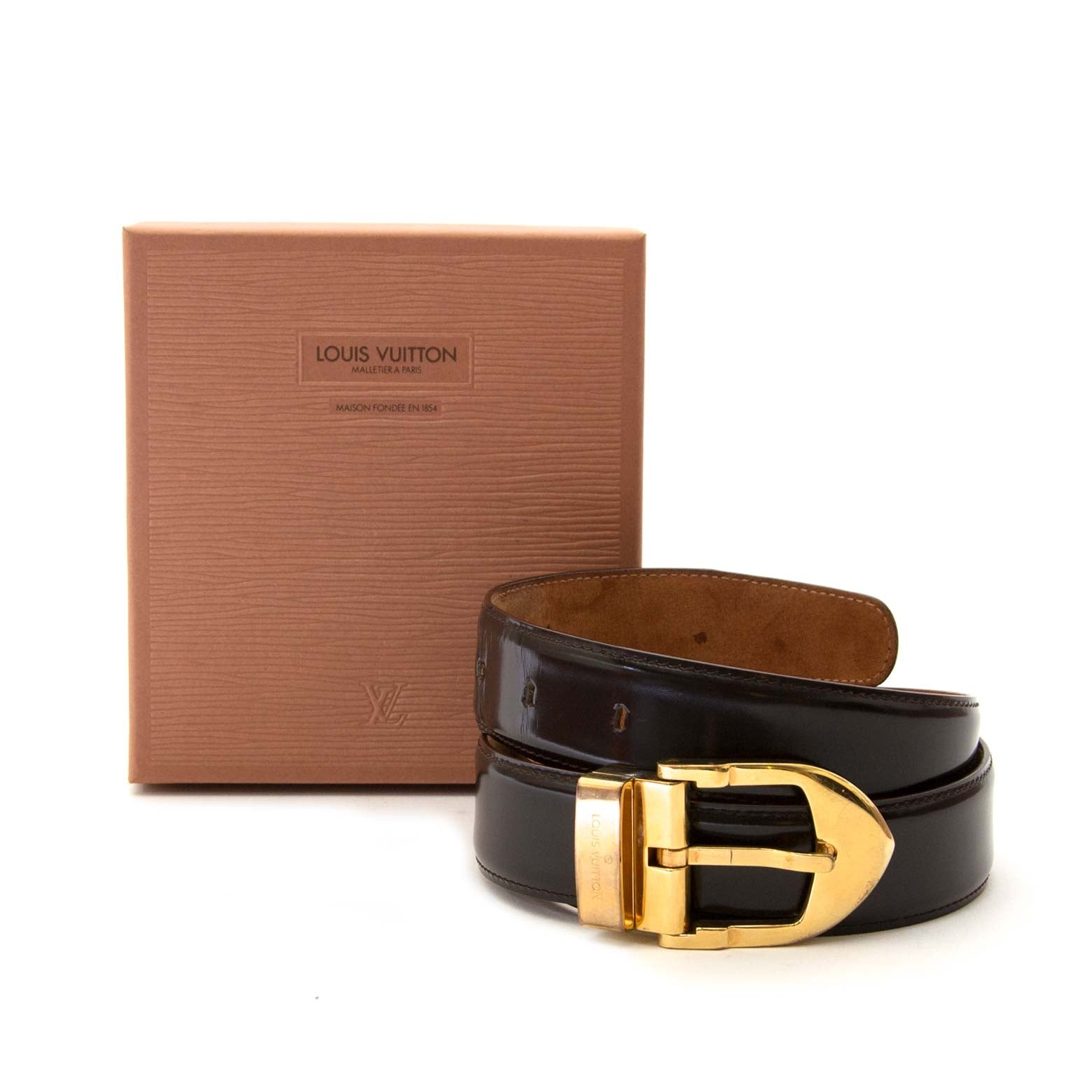 louis vuitton brown patent gold buckle belt now for sale at labellov vintage fashion webshop belgium