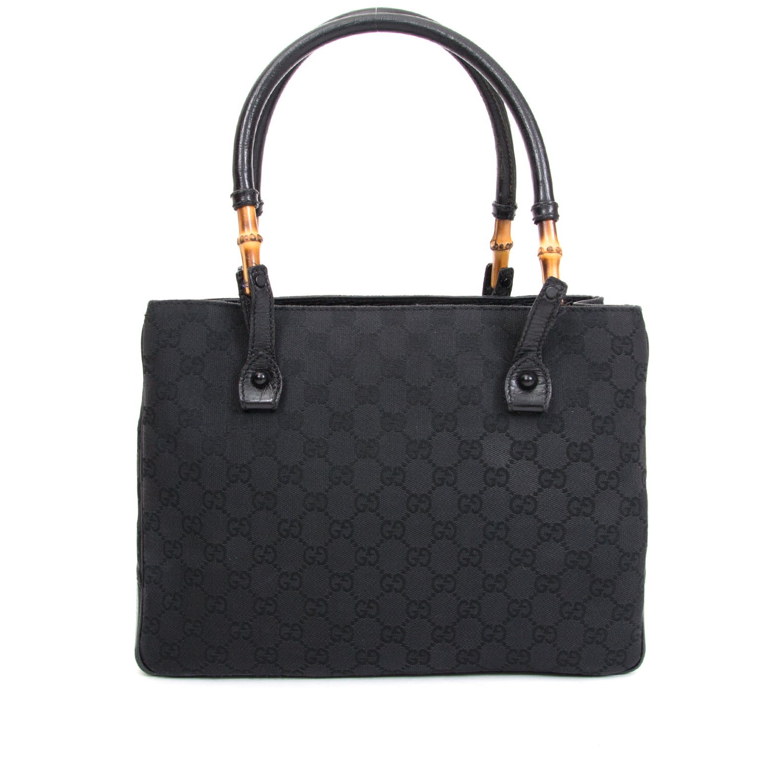 Vintage Gucci Black Fabric Monogram Bamboo Tote. shop now safe online international shipping