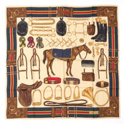 Classic themed silk square scarf by Ralph Lauren. The equestrian theme is executed in timeless gold-beige, red, navy and green.