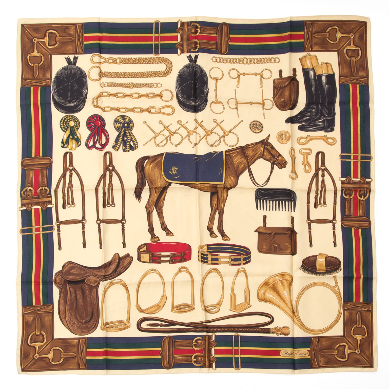 Classic themed silk square scarf by Ralph Lauren. The equestrian theme is executed in timeless gold-beige, red, navy and green.
