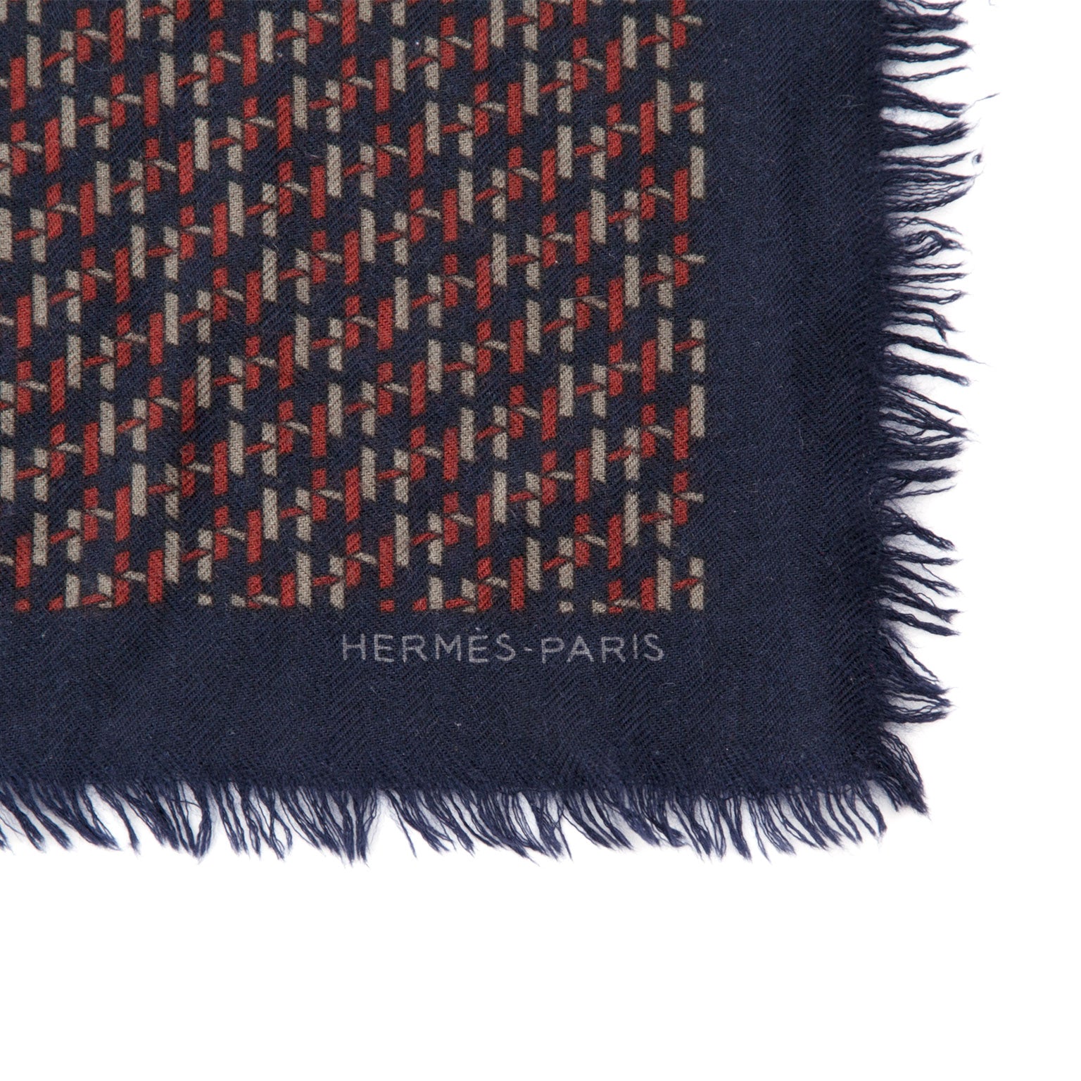 Hermès menswear/unisex cashmere scarf made from the finest cahsmere wool. Navy with graphic 'H' print.