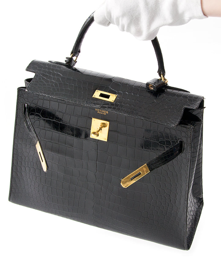 buy safe online secondhand designer vintage Hermes Kelly croco black best price