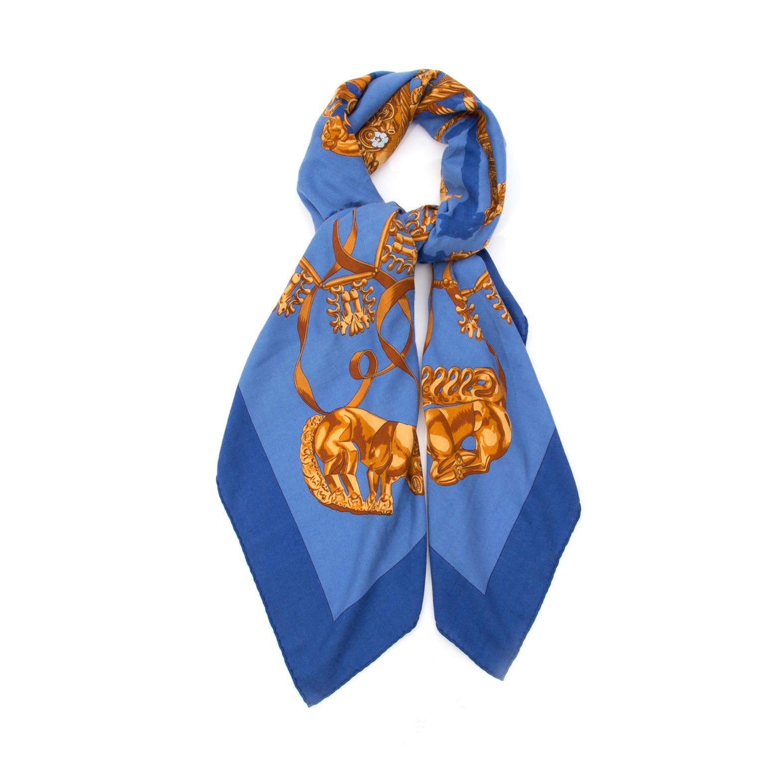 Hermès cashsmere and silk blend 'Carré' in blue with warm yellow print.