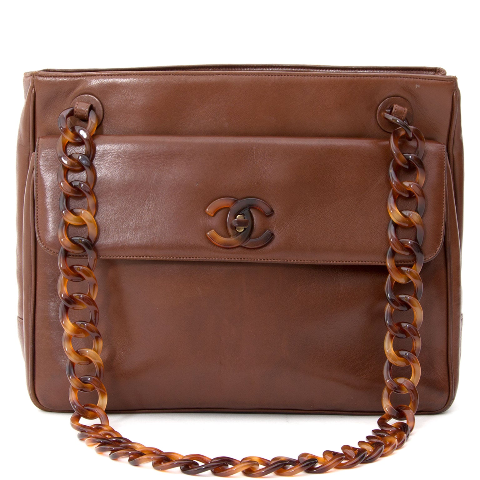 Chanel Nut Brown Tortoise Chain Tote Koop authentieke vintage handtassen bij LabelLOV Antwerpen.
