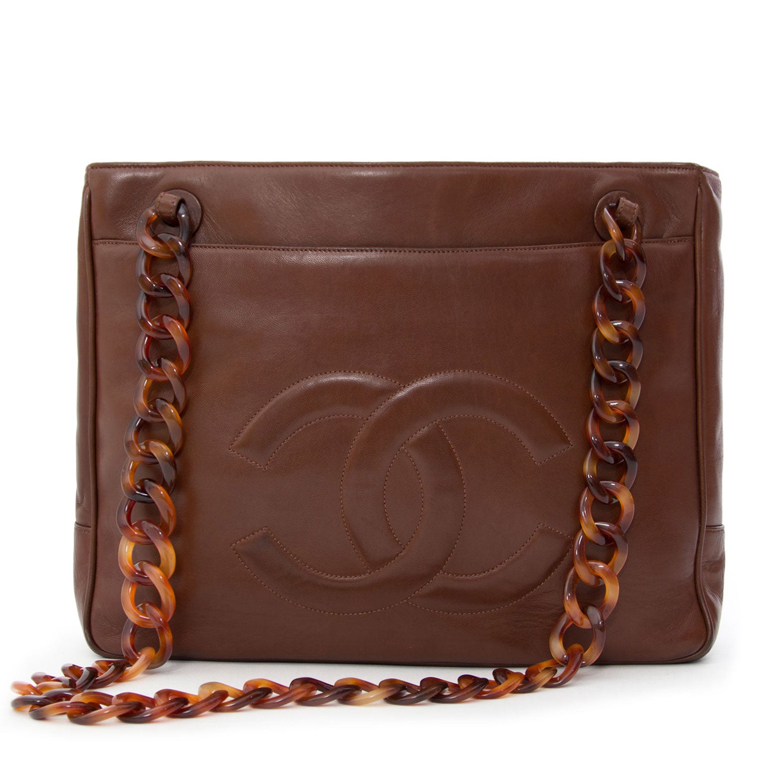 Chanel Nut Brown Tortoise Chain Tote tweedehands vintage designer mode handtassen te koop online labellov