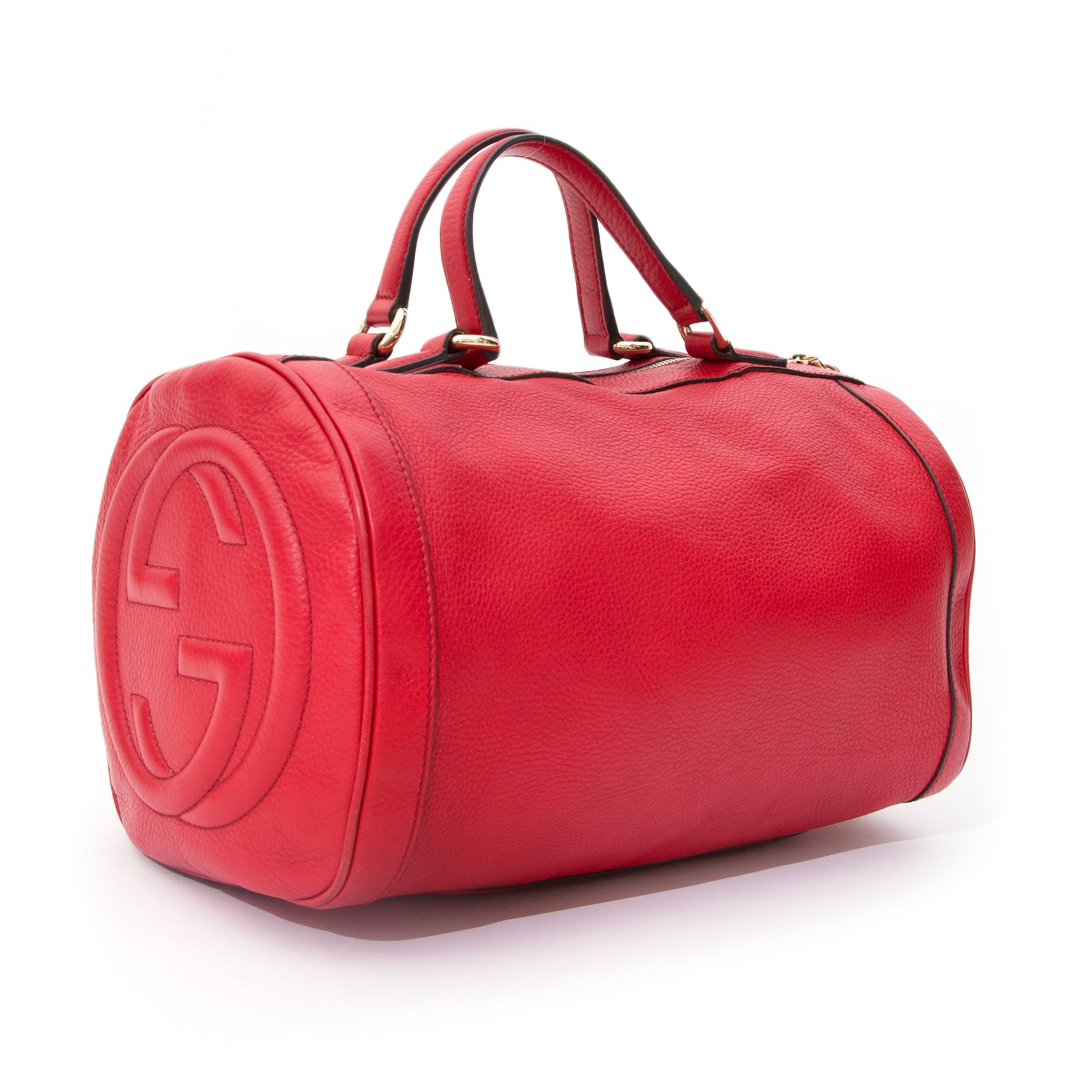 Red Gucci Boston bag with GC Logo stitchin the sides. buy safe online second hand designer vintage gucci