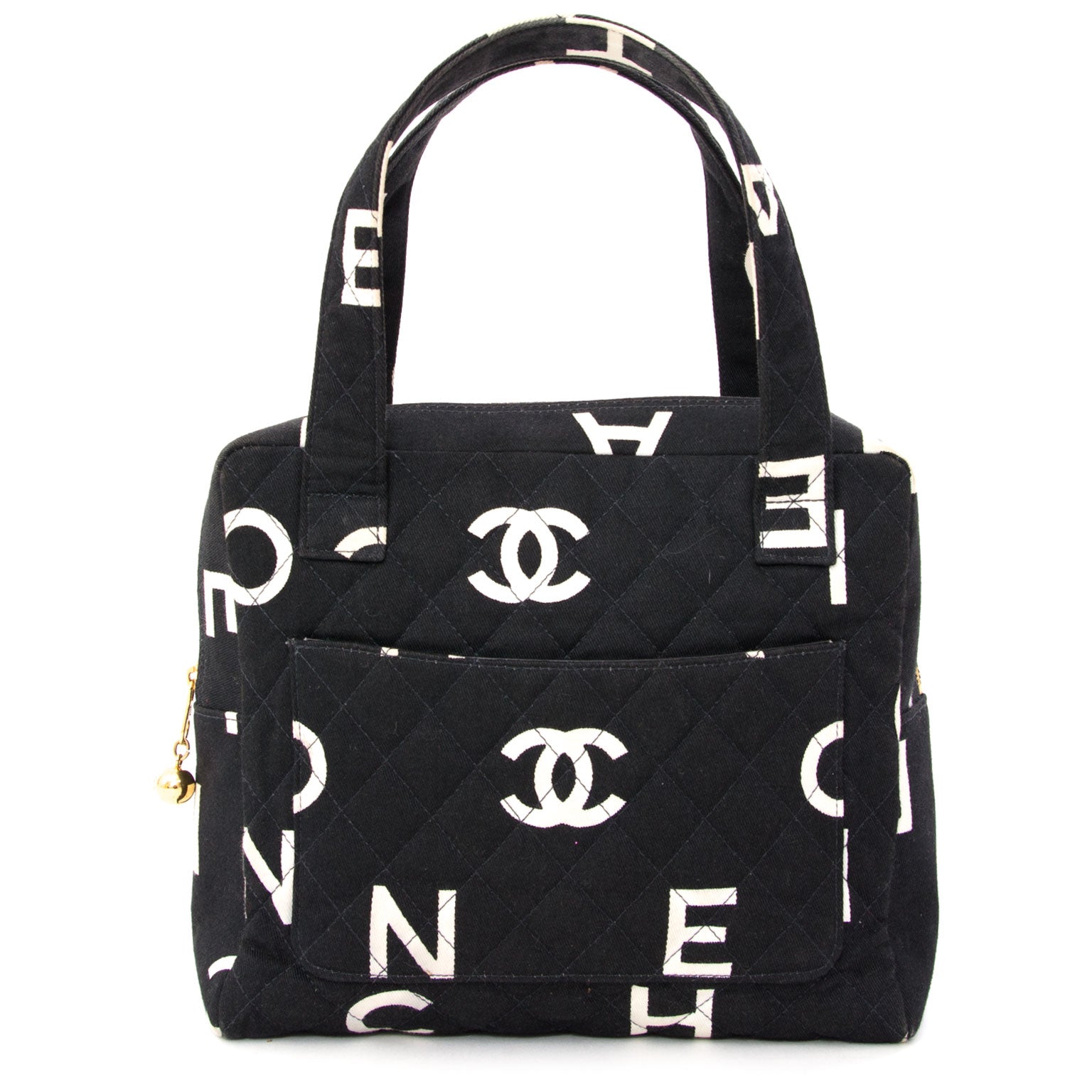 Chanel Black Quilted Fabric Logo Tote Shop secondhand designer bags at LabelLOV vintage webshop. Safe and secure online shopping Antwerp.