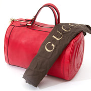 Red Gucci Boston bag with GC Logo stitchin the sides. buy safe online second hand designer