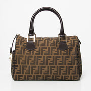 Authentieke tweedehands Fendi FF logo brown leather gold trim bruine leren handtas juiste prijs labellov designer vintage webshop veilig online winkelen mode luxe merken Antwerpen België