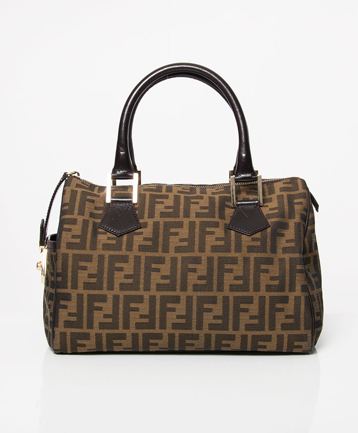 Authentieke tweedehands Fendi FF logo brown leather gold trim bruine leren handtas juiste prijs labellov designer vintage webshop veilig online winkelen mode luxe merken Antwerpen België