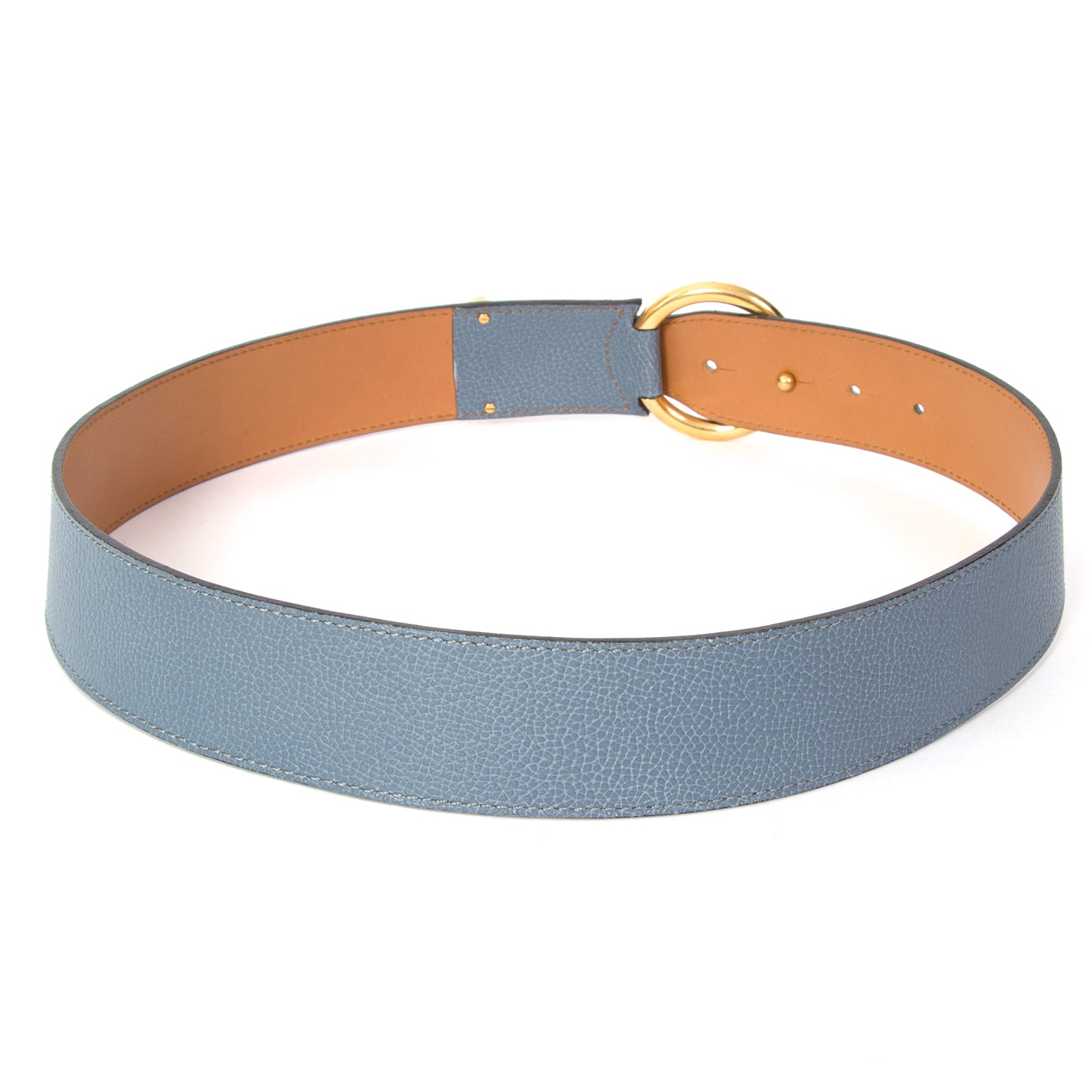 koop veilig online tweedehands koop veilig online aan de beste prijs Delvaux Grey Blue Belt with Circle Buckle net als nieuw