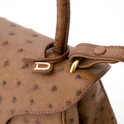 Delvaux Baltimore Ostrich Bag Brown This authentic Delvaux with golden hardware comes in grained ostrich leather. The bag has a long strap which enables the owner to wear it crossbody or over the shoulder. The front flap closes with a magnetic press butto