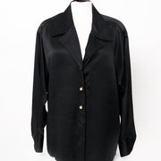 Authentic secondhand black silk Chanel blouse faux pearl buttons right price safe secure online shopping labellov designer vintage webshop luxury brands Antwerp fashion shopping Belgium