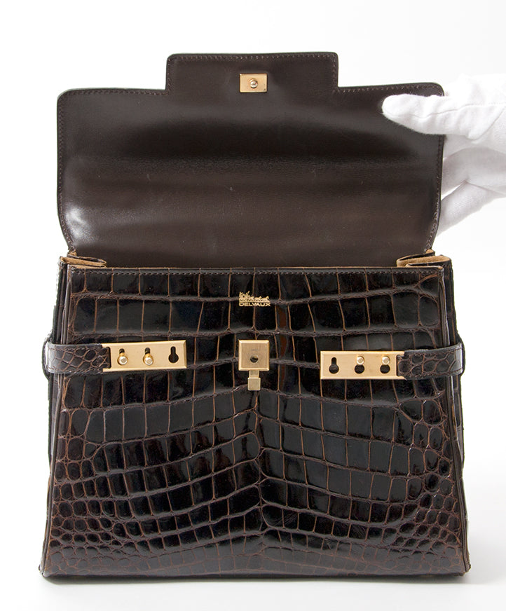 Delvaux Dark Brown Crocodile Tempête hop safe and secure second hand designer vintage it bag Delvaux tempete best price online webshop belgium