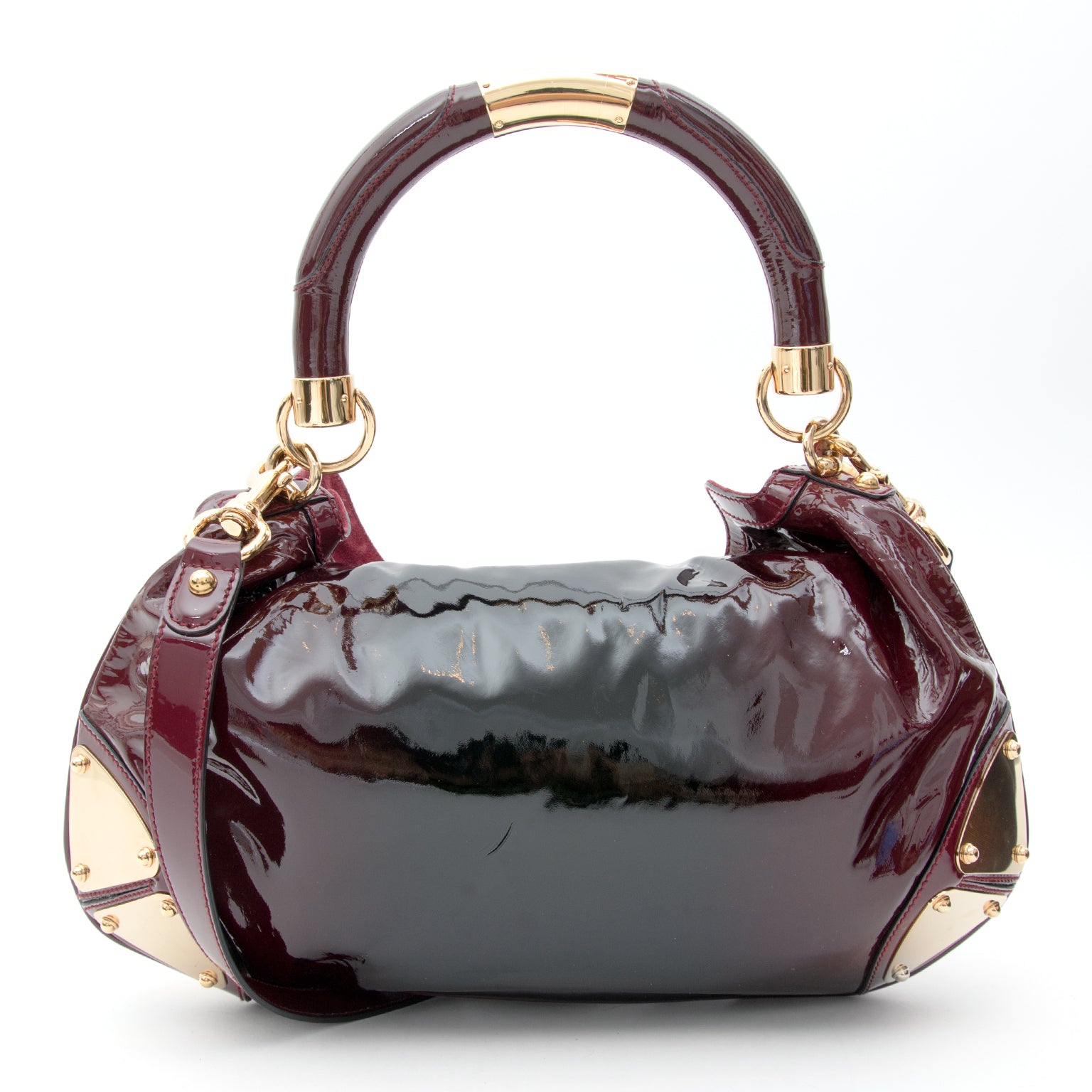 koop veilig online tweedehands designer Gucci laque ombre leather babouska indy top handle bag