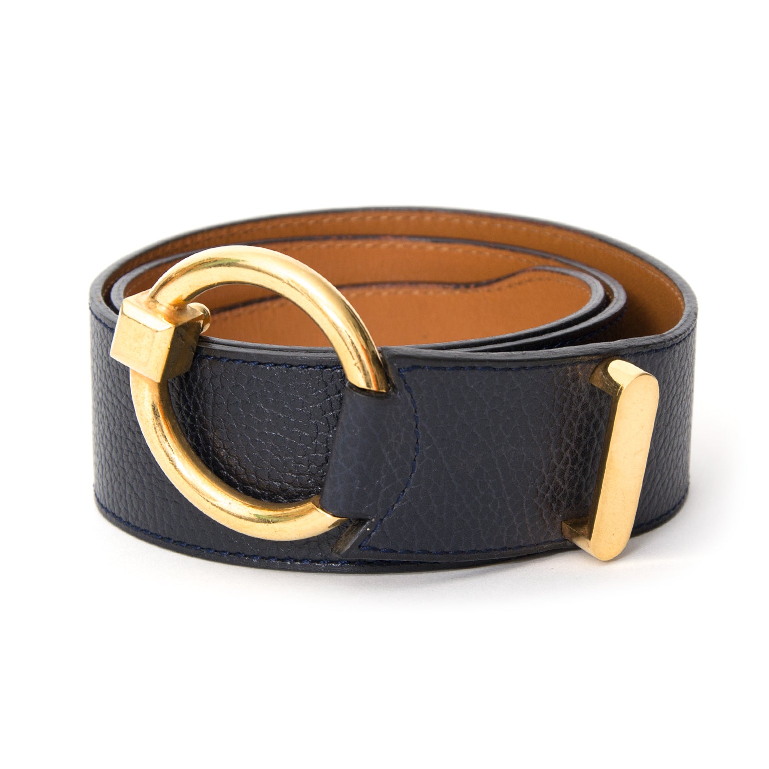 koop veilig online tweedehands Delvaux Donker Blauwe Circle Belt at the best price