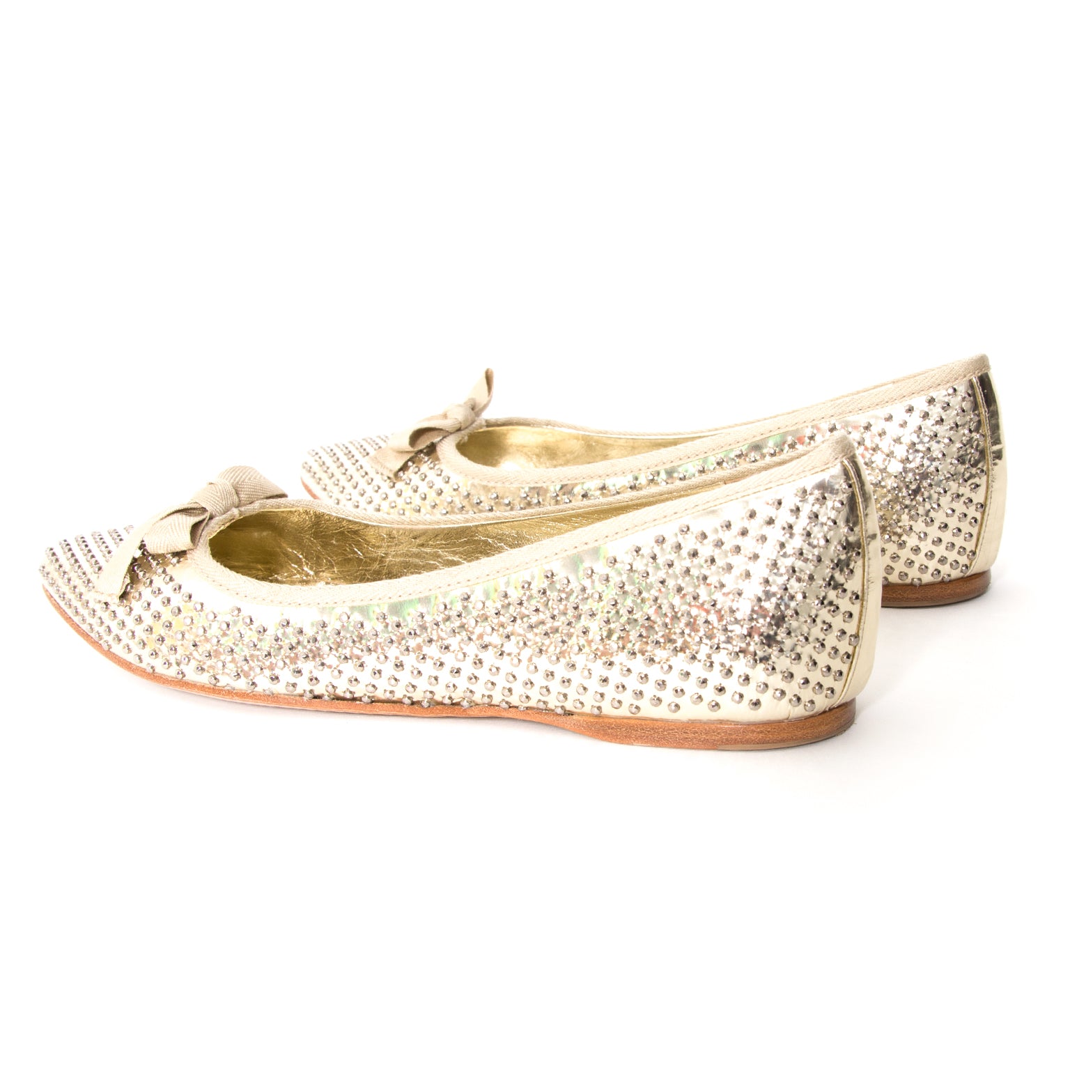 shop your designer ballet flat Miu Miu platinum studded ballet flats best price like new webshop labellov.com antwerp, belgium
