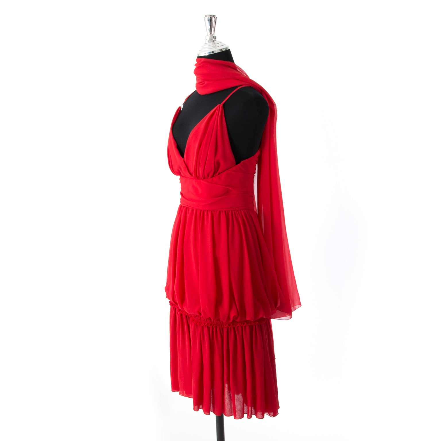 white christmas dresses Chanel Ruffled Red Crepe Silk Cocktail Dress + Scarf – Labellov