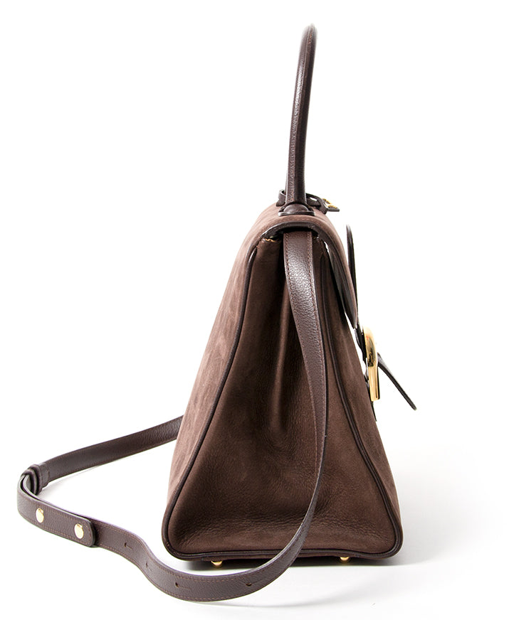 Delvaux Brillant MM Dark Brown Nubuck GHW Buy authentic secondhand Delvaux bags at the right price at LabelLOV vintage webshop. Safe and secure online shopping. Koop authentieke tweedehands Delvaux tassen met juiste prijs bij LabelLOV.