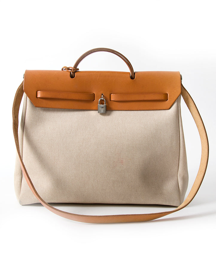 Hermès Herbag Cognac & Toile 2 in 1 authentic secondhand safe online shopping webshop fashion style LabelLOV Antwerp Belgium high end luxury labels brand designer