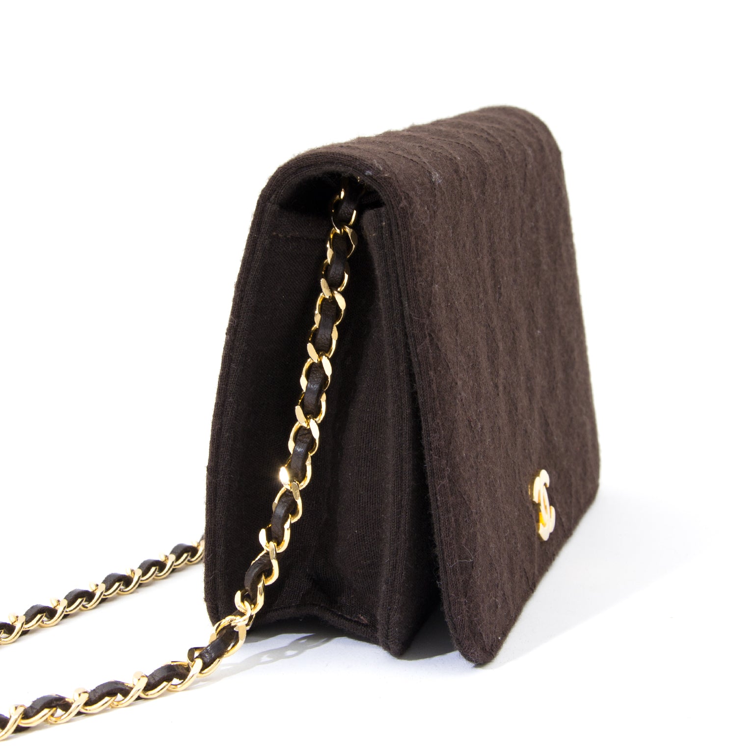 Chanel Brown Quilted Fabric Flap Bag buy safe online at european luxury webshop Labellov international